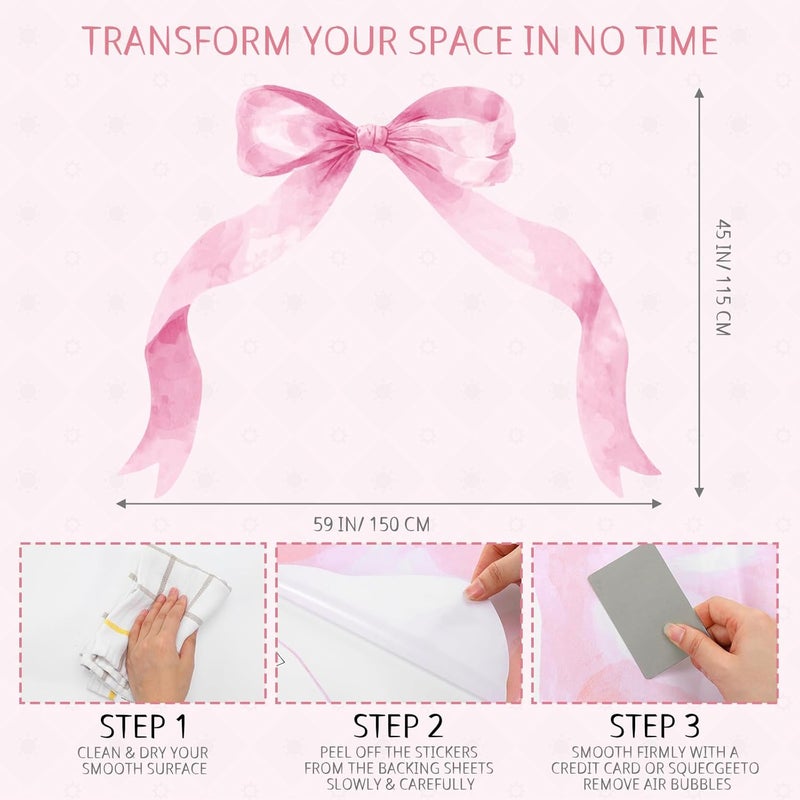 Fullhawl 59 x 45 Inch Large Pink Bow Wall Stickers Peel and Stick Coquette Girl Room Decor Large Watercolor Bow Stickers Preppy Waterproof Vinyl Decals Wall Decor for Girl Room Nursery Kindergarten - Image 2